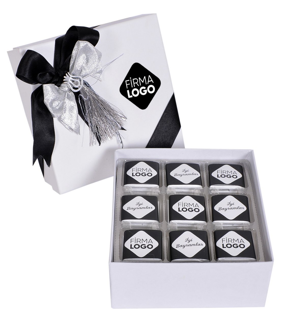 Beyaz Küp Kutuda Logolu Madlen Bayram Çikolata
